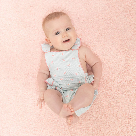 Tiny Cherry Stripe - Ric Rac Ruffle Sunsuit - Hello Baby Apparel