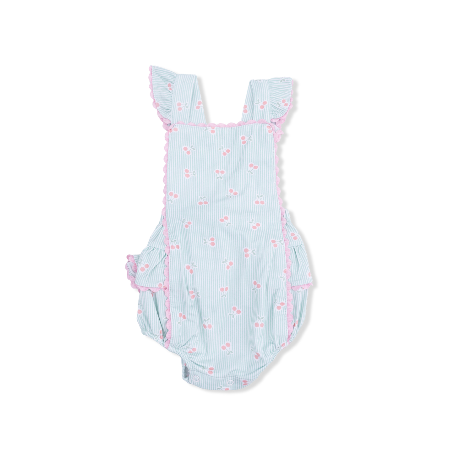 Tiny Cherry Stripe - Ric Rac Ruffle Sunsuit - Hello Baby Apparel