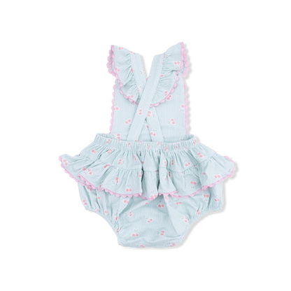 Tiny Cherry Stripe - Ric Rac Ruffle Sunsuit - Hello Baby Apparel