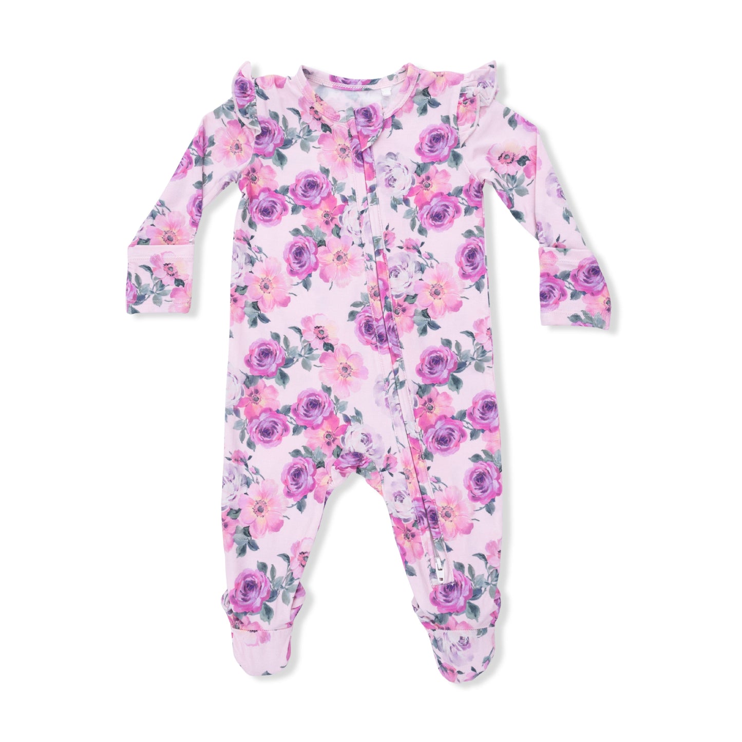 Rose Abundance - 2 Way Ruffle Sleeve Zipper Footie - Hello Baby Apparel