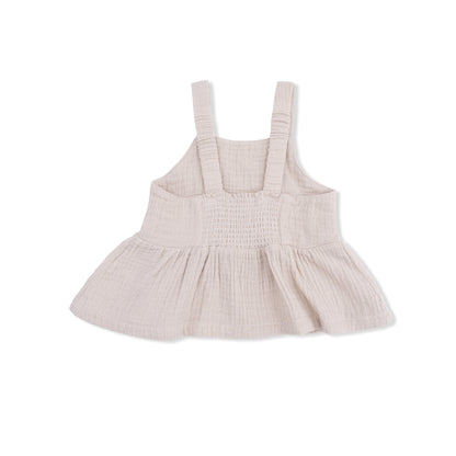 Solid Muslin French Oak - Peplum Tank with Smocked Back - Hello Baby Apparel