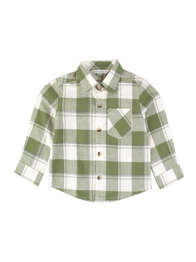 Boys Dusty Olive Plaid Flannel Long Sleeve Button Down Shirt