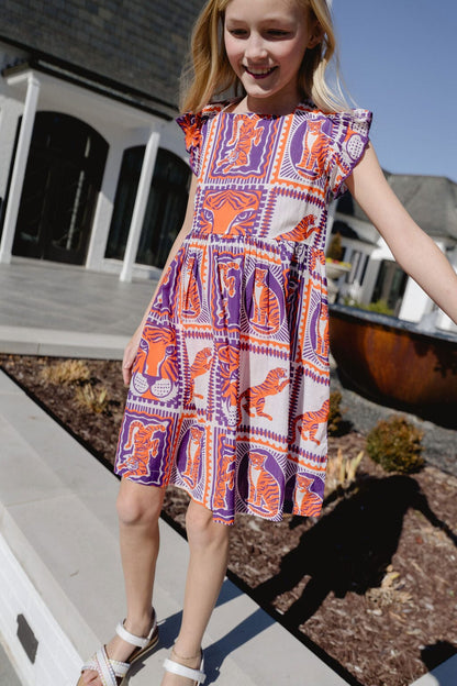Girls Maya Tiger Game Day Dress | Orange & Purple - Hello Baby Apparel