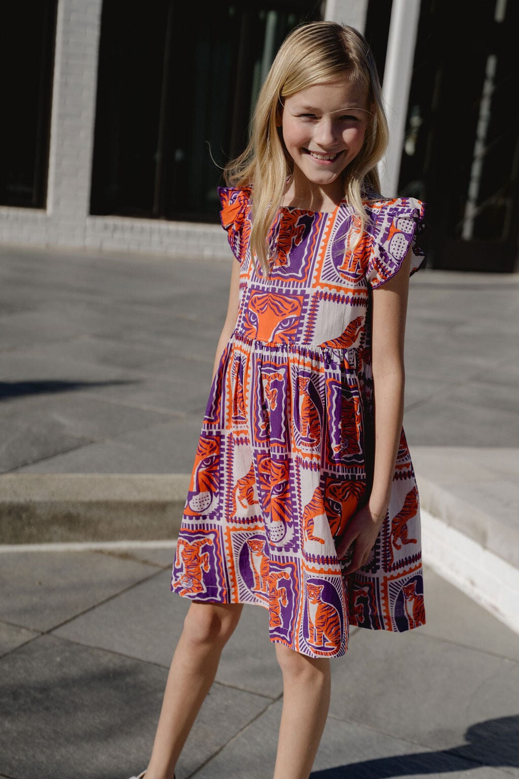 Girls Maya Tiger Game Day Dress | Orange & Purple - Hello Baby Apparel