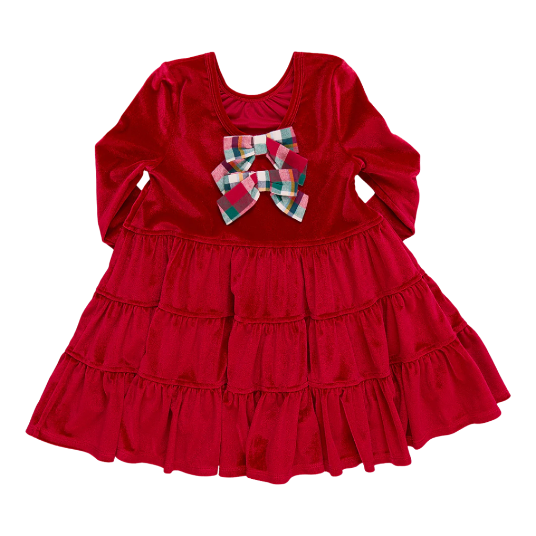 Girls Velour Pearl Dress - Red || Pink Chicken