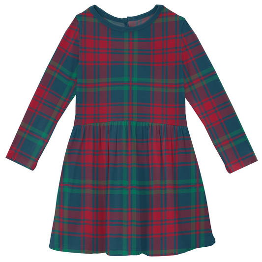 Peacock Plaid Long Sleeve Twirl Dress with Pockets Kickee Pants  - Holiday