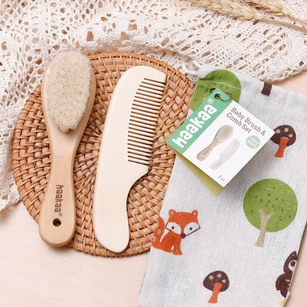 Haakaa Goats Wool Wooden Baby Brush & Comb Set - Hello Baby Apparel