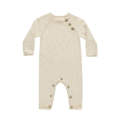 Cozy Heathered Knit Jumpsuit made of soft sweater knit. Featuring coconut buttons at the neck and along the inseam for easy changing.  Featuring our 'natural speckled' colorway.  Care: Machine wash cold. Tumble dry low.  Made of 94% Organic Cotton, 6% Linen Quincy Mae Fall 24 Collection - Hello Baby