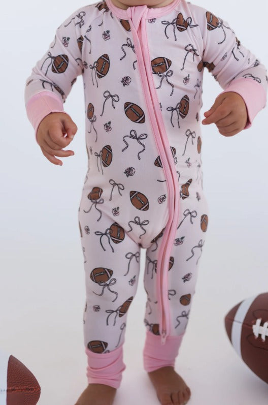 In My Jammer - Blush Football Zipper Romper - Hello Baby Apparel