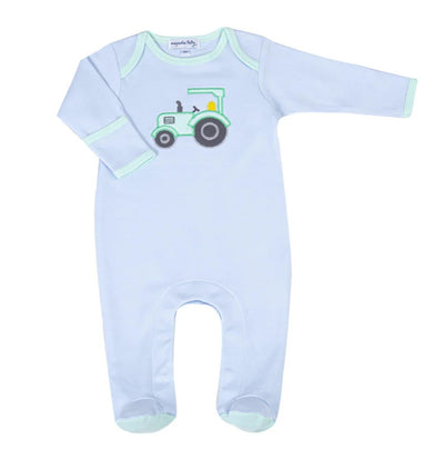 Tractor Time Applique Lap Footie Blue body with green trim. Magnolia Baby at Hello Baby