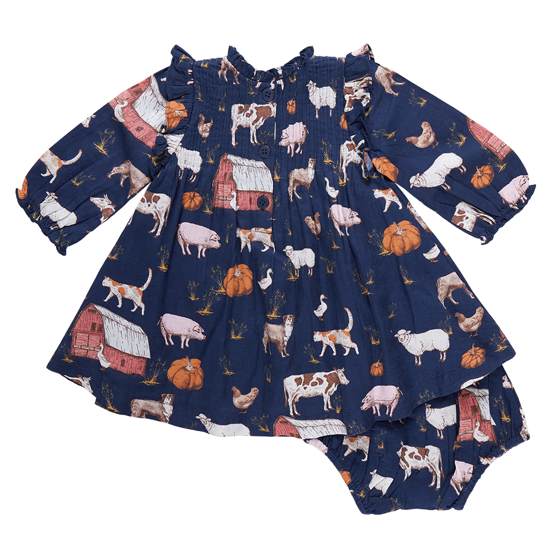 Baby Girls Stevie Puff Sleeve Dress set + On The Farm || Pink Chicken